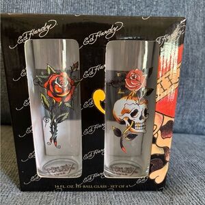 Ed Hardy Hi-Ball Glass Set of 4 with Rose & Skull Tattoo Artwork -